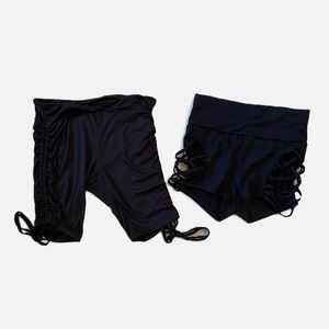 Super sexy cute stretchy black shorts w. crisscross side panel & rouched sides